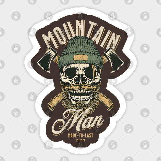 Mountain man; mountains; outdoors; vintage; retro; lumberjack; axes; rugged; gift for man; male; father; dad; husband; boyfriend; skull; beard; bearded; hispter; woods; camping; nature; mountain climbing; cool; travel; adventure; nature lover; Sticker by Be my good time